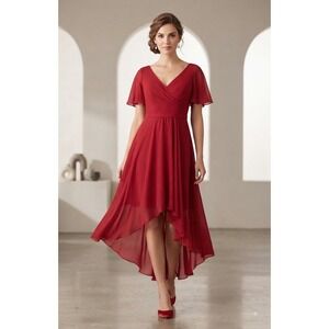 Lavetir Red Chiffon High Low Bridesmaid Dress V-Neck Flutter Sleeve Size A12